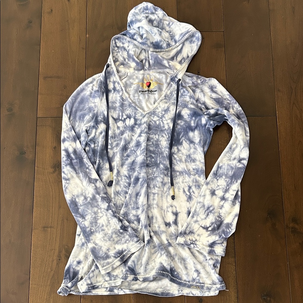 Twisted Heart Tie-Dye Blue white Beads Hooded Long Sleeve Top Tunic Velour